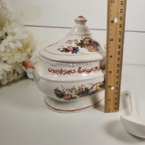 Small Vintage Porcelain Soup Gravy Tureen Dish w/ Lid & Ladle, Japan, Fall Fruit - Picture 9 of 10